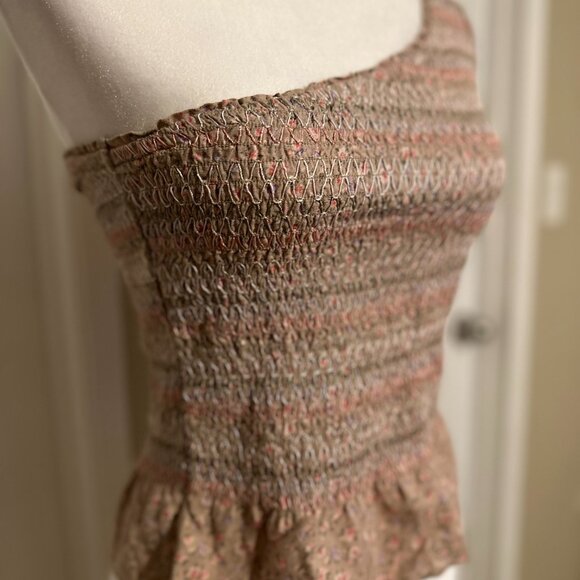 American Eagle One Shoulder Smocked Peplum Top Small Floral Cotton Linen - Picture 3 of 5